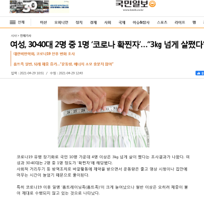 여성, 30·40대 2명 중 1명 ‘코로나 확찐자’…“3㎏ 넘게 살쪘다” 